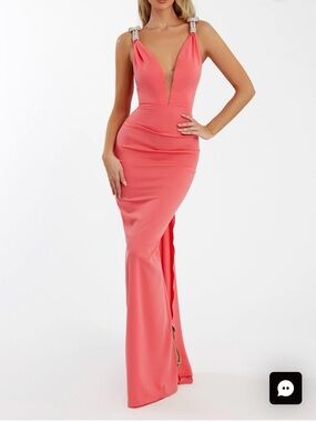 Nicole Bakti Coral Pink Plunge Maxi Gown